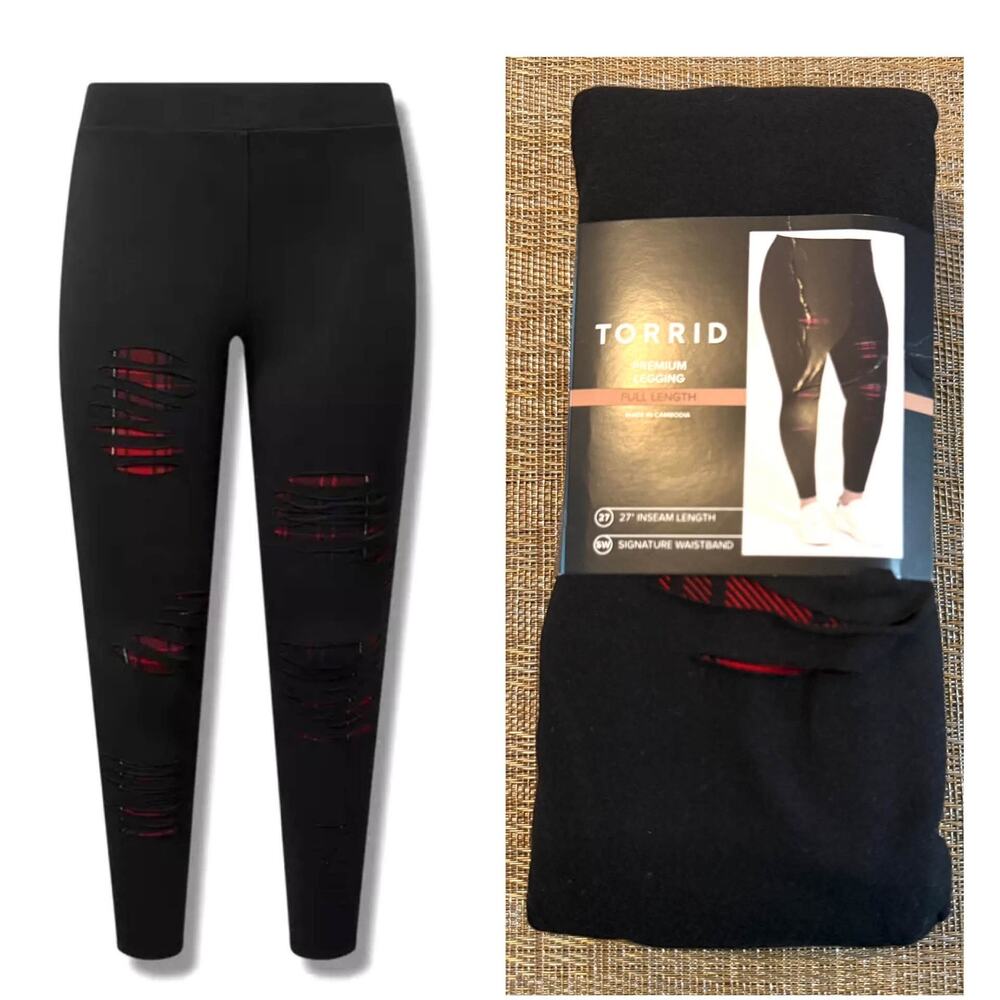 Torrid 0 (0X) Sexy Black Full‎ Length Factory Slit Red Plaid Punk Leggings New